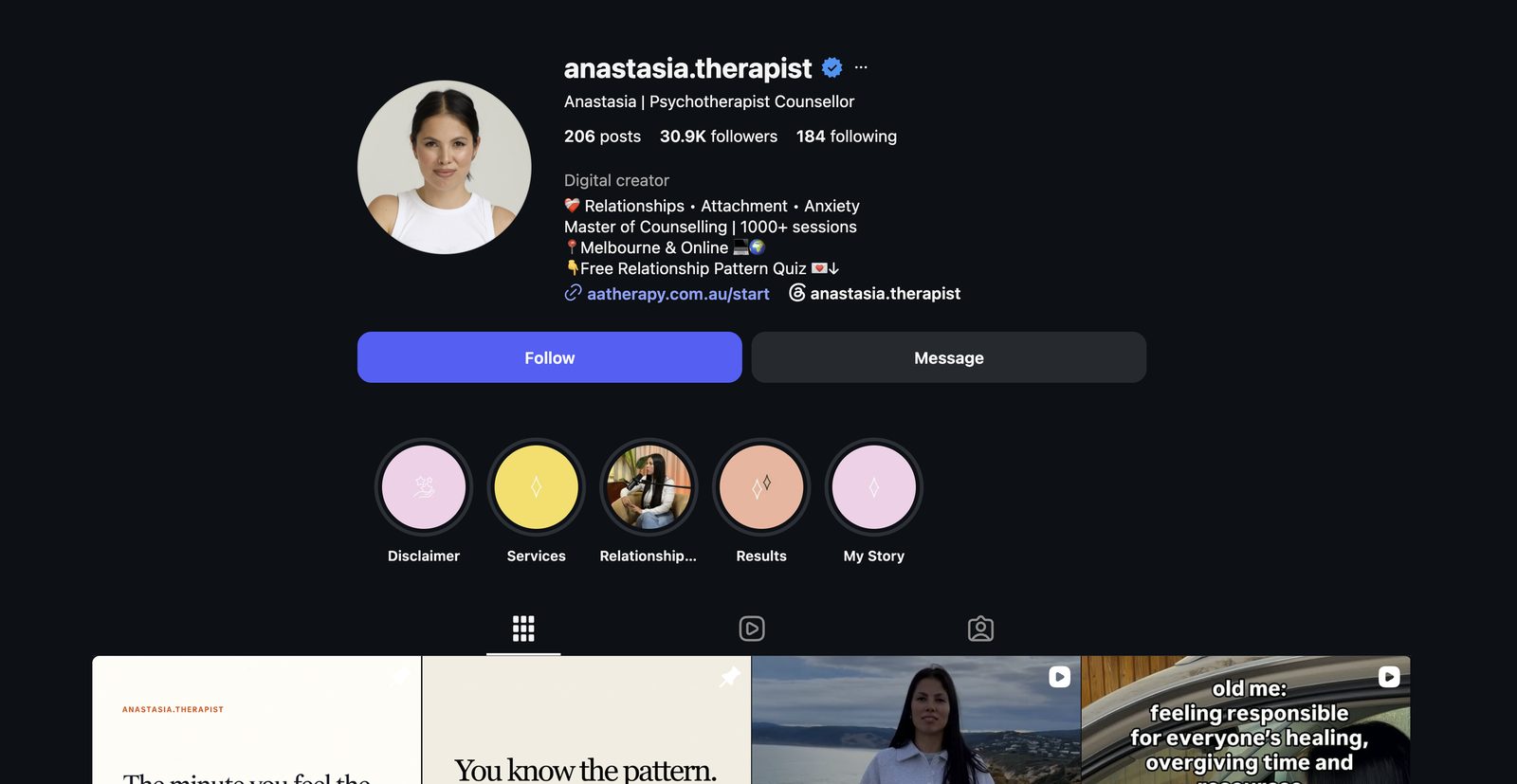 Her Instagram, with the quiz as the first step in her bio.
