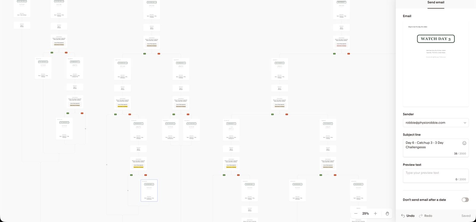 A peek inside 1 of 17 email workflows we built for Robbie: the 3 Day Challenge.