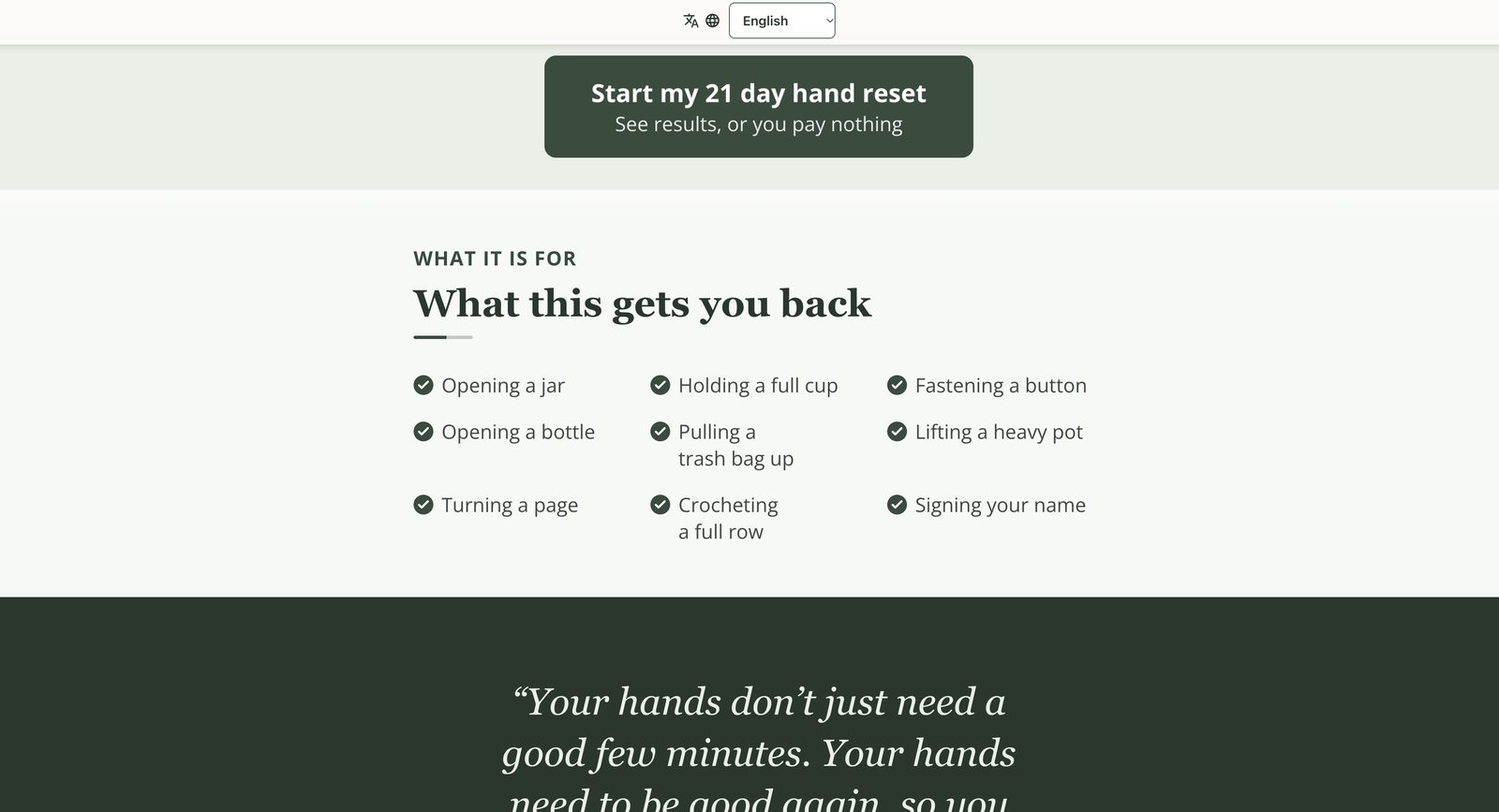 The sales page for his first paid program, the 21 Day Hand Reset.